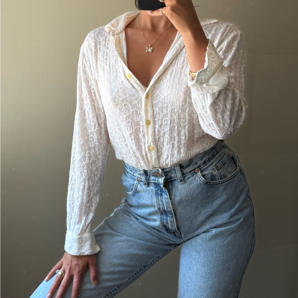 Express White Embroidered Button-Down Shirt